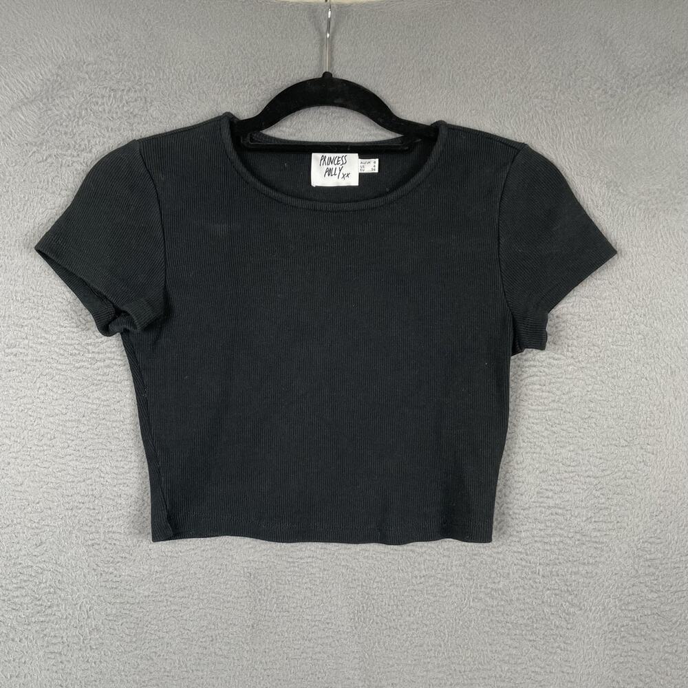 Princess Polly T-Shirt Womens S Black Cropped Short Sleeve Crew Neck Stretch